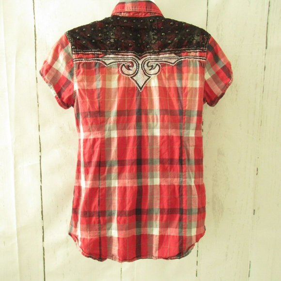 Affliction Red Plaid Women's Blouse - Picture 4 of 6